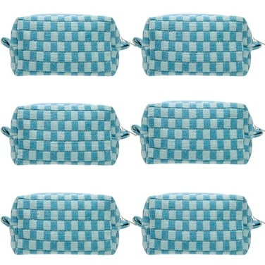 PAZIMIIK Checkered Makeup Bag for Purse Portable Zipper Make Up Pouch Small Cosmetic Case for Travel Accessories 6PCS Lake Blue