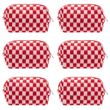 PAZIMIIK Checkered Makeup Bag for Purse Portable Zipper Make Up Pouch Small Cosmetic Case for Travel Accessories 6PCS Red