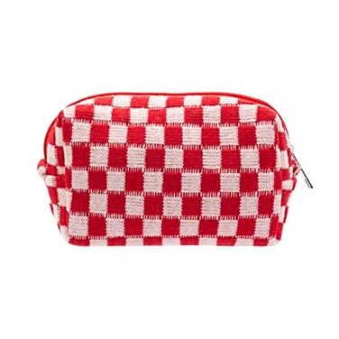 PAZIMIIK Checkered Makeup Bag for Purse Portable Zipper Make Up Pouch Small Cosmetic Case for Travel Accessories Red
