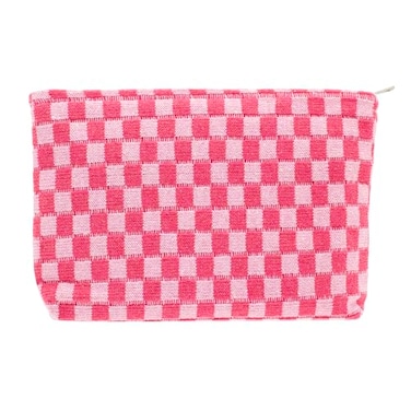 PAZIMIIK Knit Checkered Makeup Bag Large Zipper Make Up Accessory Pouch for Purse Cosmetic Brush Bag for Travel EssentialHotpink