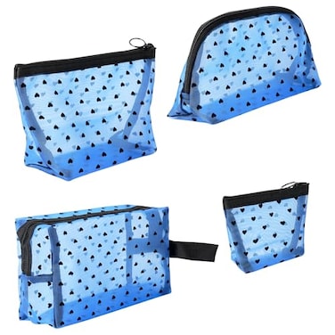 Philo Fun 4Piece Mesh Cosmetic Bag Set Heart Print Clear Makeup Organizer Travel Zipper Toiletry Pouch Blue