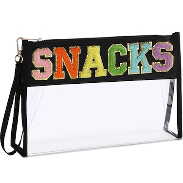 Remerry Clear Chenille Letter Makeup Bag Preppy Snack Bag Cosmetic Pouch with Wrist Strap Portable Clear Travel Organizer for Women Gift for MomBlackSnack