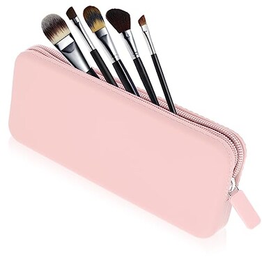 Sakolla Travel Makeup Brush Holder Silicone Makeup Brush Bag with Zipper Closure Makeup Brushes Organizer Case Washable Makeup Pouch Holder Case for Daily Work EssentialsPink