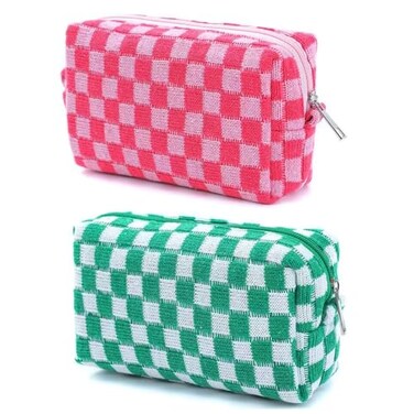 SxoSyo 2 Pcs Checkered Cosmetic Bags Green Pink