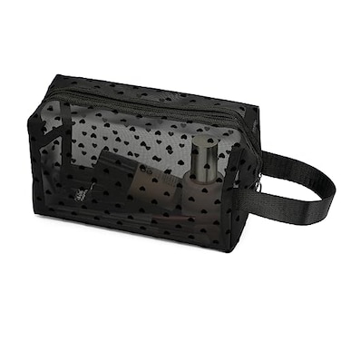 TOPASION Portable Mesh Makeup Bag with Zipper Small Travel Toiletry Bag Lightweight Cosmetic Pouch BlackBlack Heart with Handle