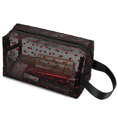 TOPASION Portable Mesh Makeup Bag with Zipper Small Travel Toiletry Bag Lightweight Cosmetic Pouch BlackRed Heart with Handle