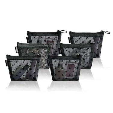 TRAKWAN Mini Mesh Heart Makeup Bag Set Mesh Cosmetic Bags with Zipper Makeup Lipstick Cosmetic Accessories Organizer Bag Mesh Pouch for Travel Black6pcs