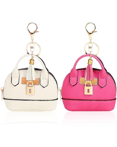 YJUBAOA 2 pcs Cute Mini Cosmetic Bag for Women PU Leather Backpack Keychain Makeup Bag Key Pocket Lipstick Bag Card Holder Data Cable Organizer Zipper Pouch Handbag Rose Red White