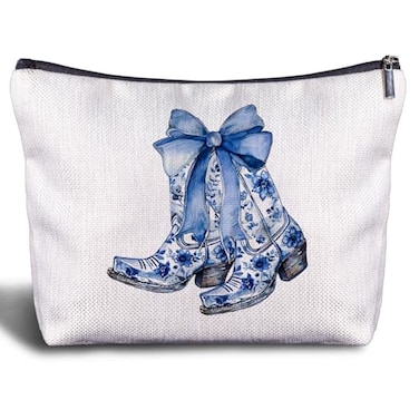 Zomhix Coquette Western Makeup Bag Blue Bow Cowgirl Boots Zipper Pouch Gift for Women