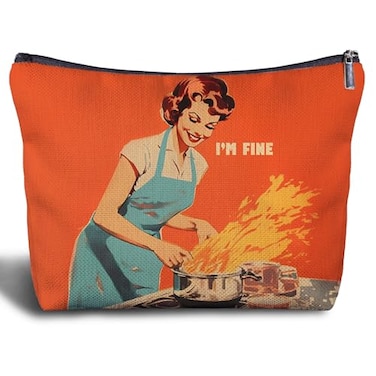 Zomhix Im Fine Funny Cooking Kitchen Makeup Bag Retro Mid Century Modern Decorative Cosmetic Bag Gifts for Women Mom
