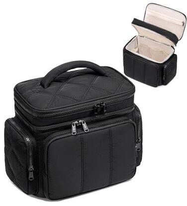LEDAOU Toiletry Bag for Women Quilted Travel Makeup Bag Organizer with Double Deck Large Wideopen Cosmetic Make up Bag for Travel Essentials Black Puffy