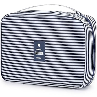 Mossio Hanging Toiletry Bag with Sturdy Hook Large Portable Cosmetic Makeup Travel Organizer for Men Women Blue Stripe