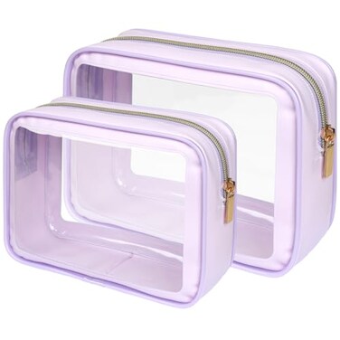 PACKISM 2 Pack Clear Makeup Bag Set 1 Large 1 Medium Foldable TSA Approved Toiletry Bag for Carryon Checked Luggage Water Resistant Car Storage Organizer Purple