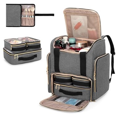 LUXJA Makeup Backpack with 3 Removable Cases and 1 Makeup Brush Bag Large Makeup Bag Cosmetic Bag with Multiple Storage Sections Patented Gray