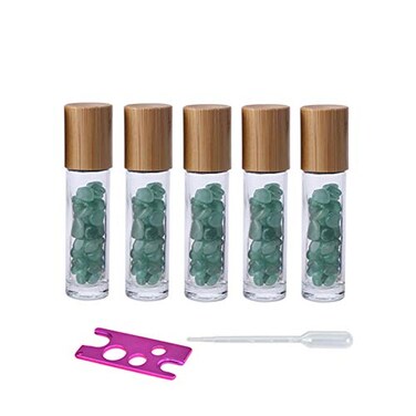USRommaner 5 Pack 10ml Clear Roll On Bottles With Natural Chakra Crystal Chips for Essential OilsPerfume Glass Roller Bottles Container Bamboo LidCrystal RollerPipetteOpener Included Green Aventurine