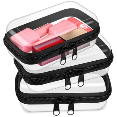 Hoolerry 3 Pcs Clear Hard Zipper Case Hard Plastic Zipper Pouch Makeup Bag Portable Travel Organizer for Cosmetics Office Supplies Documents ToiletriesBlackXs