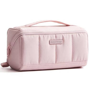 NISHEL Travel Makeup Bag for Women Fluffy Lightweight Open Flat Cosmetic Organizer with Multiple Functional Divider for Brush Independent Storage Handle for Easy Portability Pink