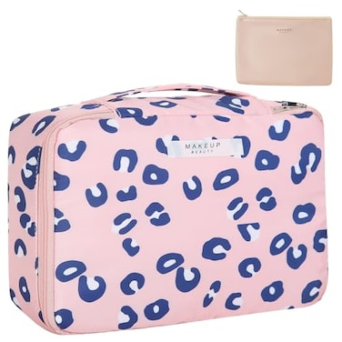 Queboom Travel Makeup Bag Cosmetic Bag Makeup Bag Toiletry bag for women and men Pink Leopard