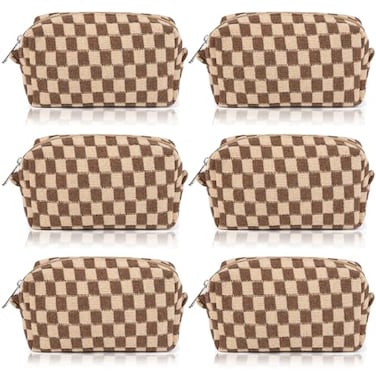 SOIDRAM Checkered Makeup Bag Preppy Cosmetic Bag Bulk Brown Makeup Pouch Personalize Travel Toiletry Bag Organizer Cute DIY Makeup Brushes Storage Bag for Women