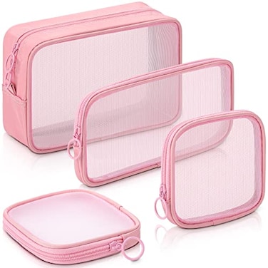 Weewooday 4 Pcs Mesh Makeup Bag Mesh Cosmetic Bag Travel Toiletry Pouch with Zipper Mini Makeup Cosmetic Purse for Daily AccessorySmall Large MediumPink
