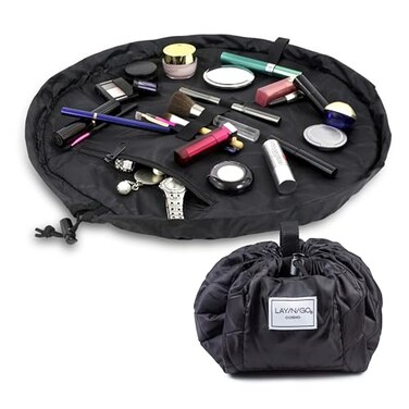 Lay-n-Go LaynGo Cosmo Layflat Drawstring Cosmetic Makeup Bag Organizer Portable Drawstring Bag wZipper Pocket Makeup Loops More Durable Machine Washable Toiletry Bag for Travel 20 Black