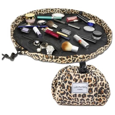 Lay-n-Go LaynGo Cosmo Layflat Drawstring Cosmetic Makeup Bag Organizer wZipper Pocket Brush Loops More Cinch to Close Lay Flat to Use Durable Machine Wash Travel Toiletry Bag 20 Leopard