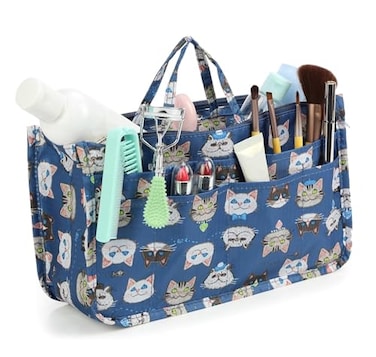 MICOM Cosmetic Bag for Women Cute Printing 14 Pockets Expandable Makeup Organizer Purse with Handles Cat