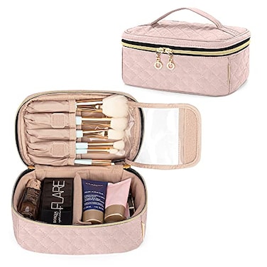 Teamoy Travel Makeup Brush Case Professional Cosmetic Artist Organizer Case with Handle for Makeup Brushesup to 7inch and Essentials Small Misty RoseBAG ONLY