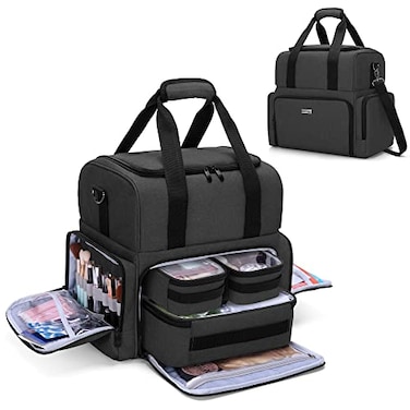 BAFASO 2 Layers Large Travel Makeup Bag with 3 Inner Removable Pouches Cosmetic Bag with Detachable Dividers Patented Black