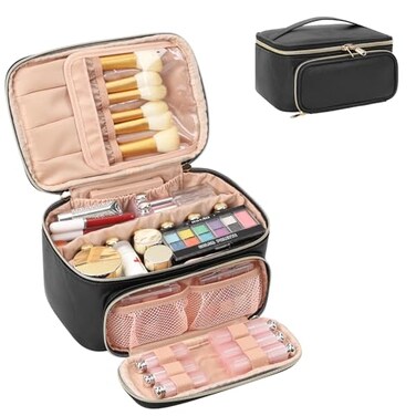 OCHEAL Makeup Bag Multifunctional Make Up Bags with Zipper Pouch Large Compact Makeup Bag Organizer for Women Girls Cosmetics Toiletry Brushes Storage Makeup Case with Handle DividerBlack