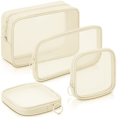Weewooday 4 Pcs Mesh Makeup Bag Mesh Cosmetic Bag Travel Toiletry Pouch with Zipper Mini Makeup Cosmetic Purse for Daily AccessorySmall Large MediumBeige