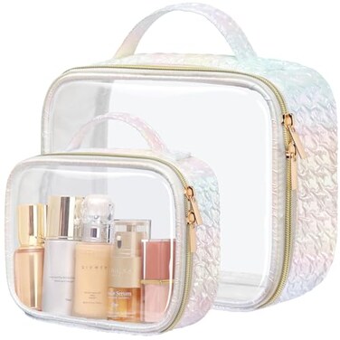 PACKISM Stylish TSA Approved Toiletry Bag Set Ruched Clear Makeup Bag with Handle 1 TSA Medium 1 Large for Travel Gift for Women Colorful White