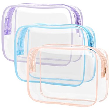 PACKISM TSA Approved Toiletry Bag 3 Medium Quart Size Clear Makeup Bag for Carry On Airport Security Compliant Clear Travel bag for Toiletries with Reinforced Seams Blue Purple Pink