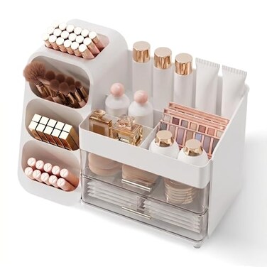 Booklov Makeup Organizer for Vanity Large Capacity Cosmetic Display Case with Clear Acrylic Drawer Countertop Beauty Storage Holder for Skincare Brush Eyeshadow Lipstick Counter Desk Crystal White