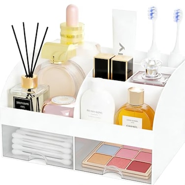 DIRZHX Makeup Organizer with 2 Drawers Cosmetic Storage for Dresser Vanity and Bathroom CountertopMake up organization and Skincare Storage with Beauty Brush Holder Cosmetic Display Case White