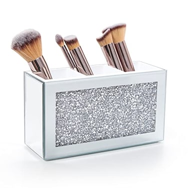 SWTHONY Silver Makeup Brush Holder Organizer Bling 3 Slot Crushed Diamond Crystal Mirrored Cosmetic Brushes Storage Eyeliners Eyebrow Pencil Display Case