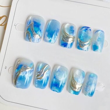KRTBKR 30Pcs Blue Press on Nails Short Square Fake Nails Ocean White Clouds Glossy Glitter Design Full Cover Reusable Artificial Nails Silver Chrome Stick on Nails Handmade False Nails for Women Acryl