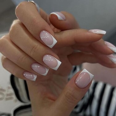 CTTHNBD Medium Press on Nails Square White French Tip Fake Nails Cute Glossy Full Cover Stick on False Nails for Women 24 Pcs