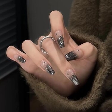 MISUD Press on Nails Long Coffin Glue on Nails with Goth Black Acrylic Rhinestone Design 24 pcs