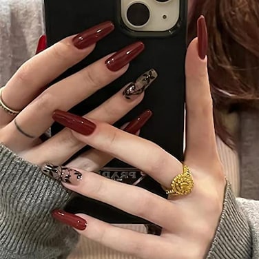 RikView Long Press Acrylic Nails Red Coffin Fake Nails with Fall Design Full Cover 24 PCSSet