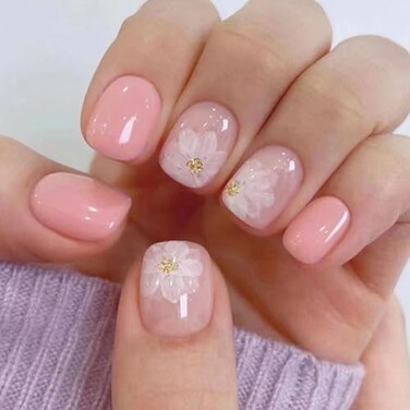 Whiosyrt Short Square Glossy Pink Acrylic Nails 32pcs 12 Sizes with Iced Camellia Design ABS Material Press On False Nails