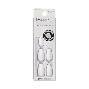 KISS Impress No Glue Mani 30 Pcs Press on Nails Medium Coffin False Nails Solid Pure White Stick on Extensions Peel Press Easy Apply HassleFree Removal Includes Manicure Stick Prep Pad File