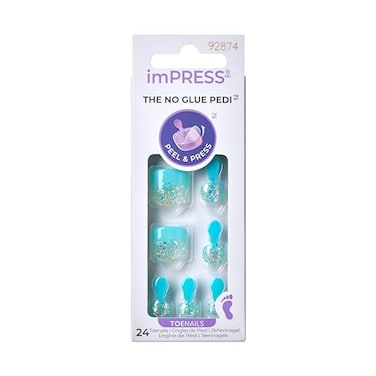 imPRESS KISS No Glue Pedi PressOn Nails Design Last Flowers Medium Blue Short Size Squoval Shape Includes 24 Nails Prep Pad Instructions Sheet 1 Manicure Stick 1 Mini File