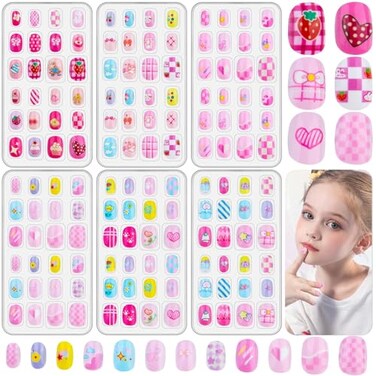 Thrilez 144 Pcs Kids Fake Nails Set 6 Pack Press on Nail Preglue Artificial False Acrylic Nails Set for Little Girl Children Toddlers