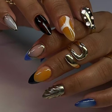 ASABITE 24 Pcs 3D Almond Press on Nails Medium Fake Nails with Glue Artificial Acrylic Nails French Tip False Nails with Glitter Rhinestone Design Handmade Nails Press ons Reusable Stick on Nails for