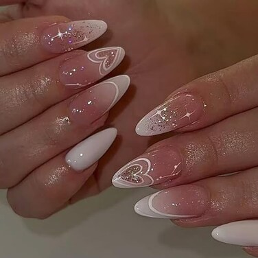 ASABITE 24 Pcs Valentines Day Press on Nails Almond False Nails Heart Fake Nails with Glitter Design Pink White Full Cover Artificial Nails French Medium Glue on Nails Reusable Stick on Nails for Wome