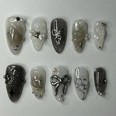 KRTBKR 24Pcs Black Press on Nails Medium Almond Fake Nails 3D Silver Bow Pearl Star Glitter Design Full Cover Stick on Nails Artificial Nails Gothic False Nails Y2k Glue on Nails for Women Acrylic Nai