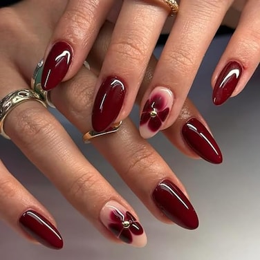 ASABITE 24Pcs Dark Red Almond Press on Nails Short Medium Fake Nails with Floral Steel Ball Design Reusable Almond False Nail Red Flower Nails Press ons Artificial Spring Summer Flower Nails for Women