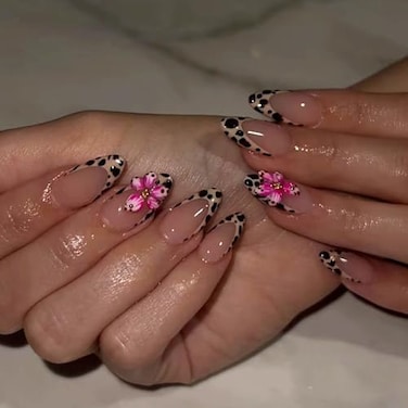OSTTMA 24Pcs French Tip Press on Nails Medium Almond Fake Nail Cute False Nails with Leopard Print Flower Designs 3D Flower Glue on Nail Nude Pink Acrylic Nails for Women DIY Manicure Decoration
