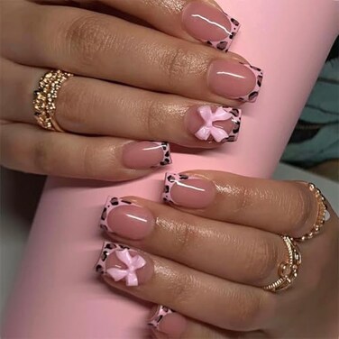 BSBTBZ 24Pcs Leopard French Tip Press on Nails Short Square Fake Nails Pink Glossy Bow Designs Full Cover Nude Glue on Nails Cute False Nail Stick on Nail for Women Girls Medium Manicure Decorations